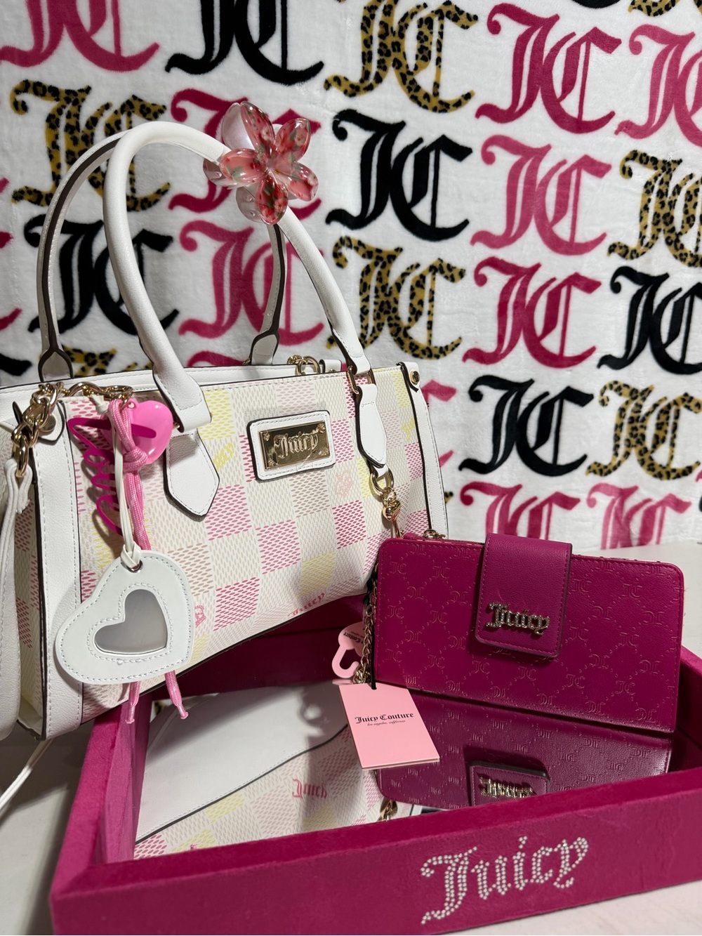 Juicy Couture White Satchel set with Pink & Yellow Plaid Accents